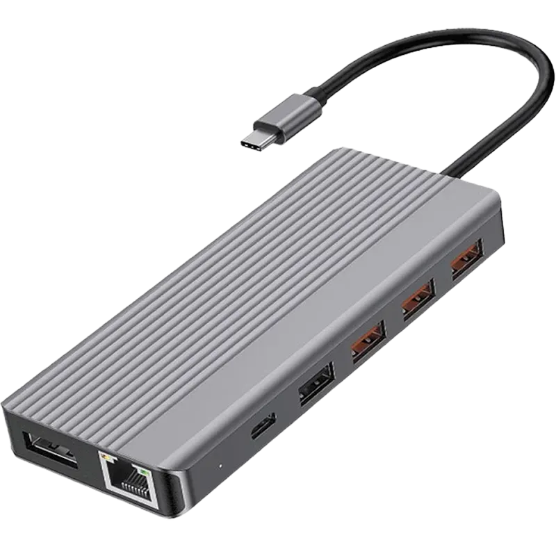 Powerology 13in1 USB-C Hub 4K HDMI Type-C 100W PD Ethernet USB SD MicroSD 3.5AUX Gray 1 Mascom International.webp